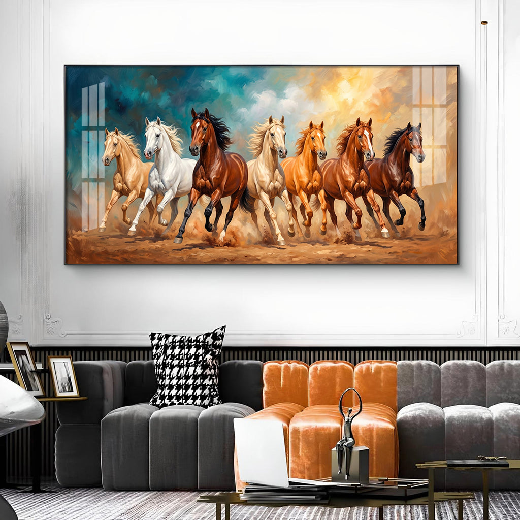 Running Horses Brown & White Glass Finish Horizontal Wall Art