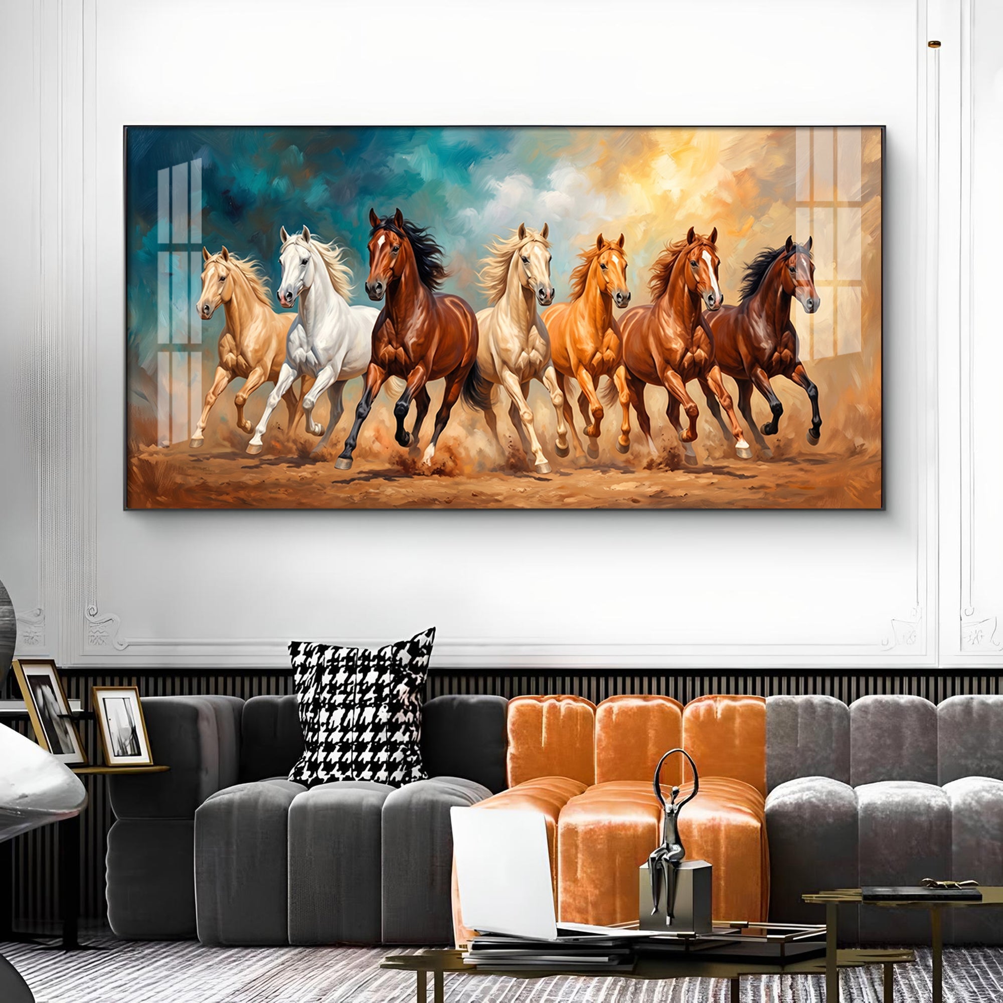 Running Horses Brown & White Glass Finish Horizontal Wall Art
