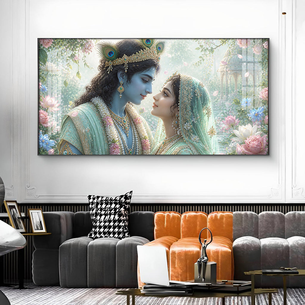 God Radha Krishna Glass Finish Horizontal Wall Art