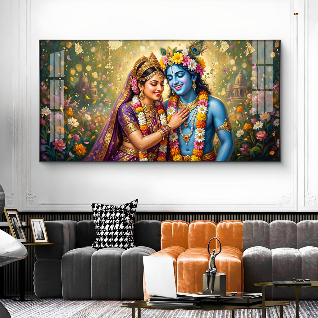 Radha Krishna Eternal Love & Devotion Glass Finish Horizontal Wall Art