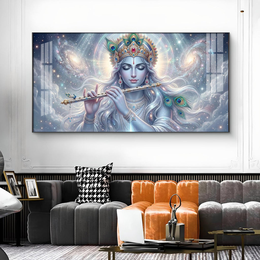 Lord Krishna Eternal Devotion Glass Finish Horizontal Wall Art