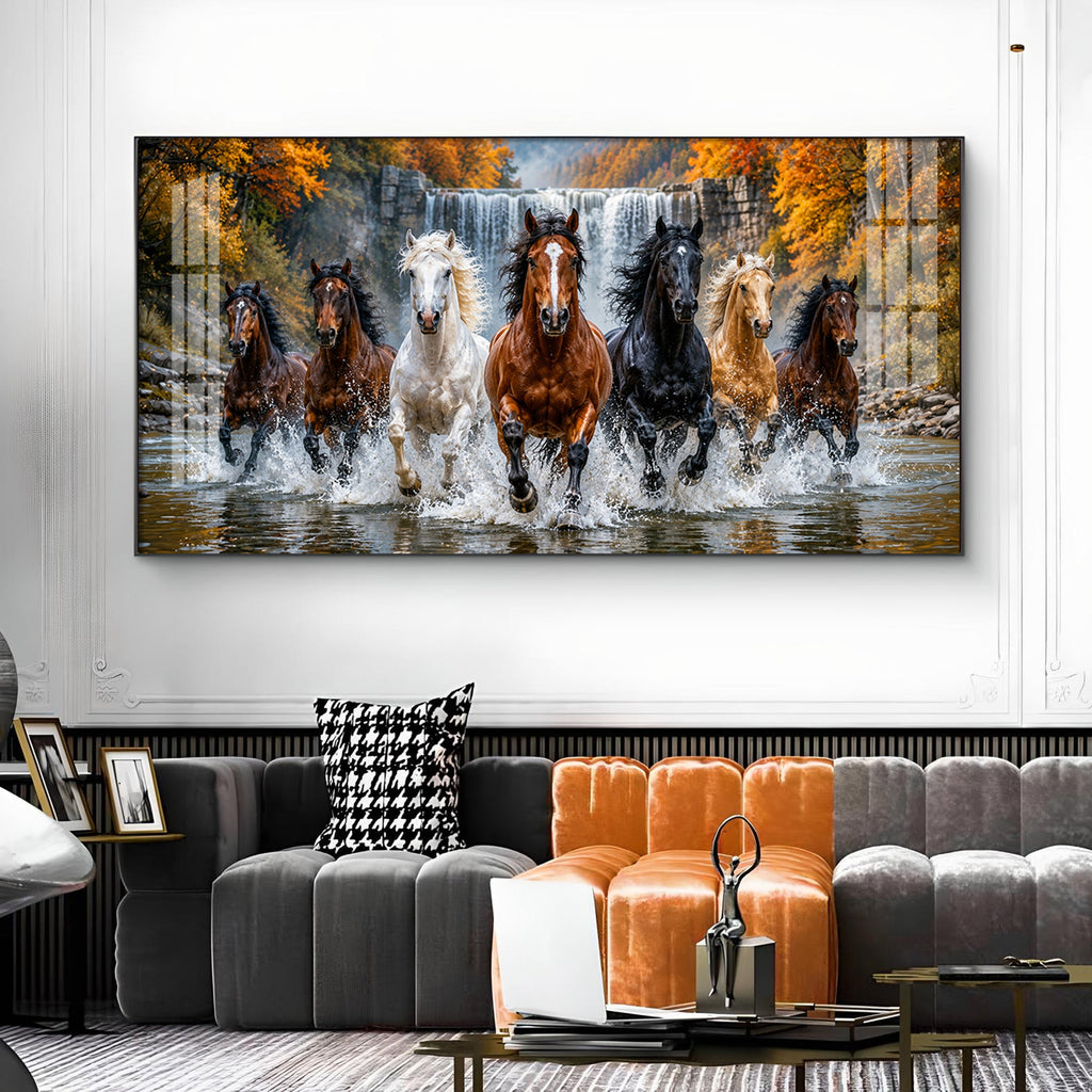 Seven-Horse Running Glass Finish Horizontal Wall Art