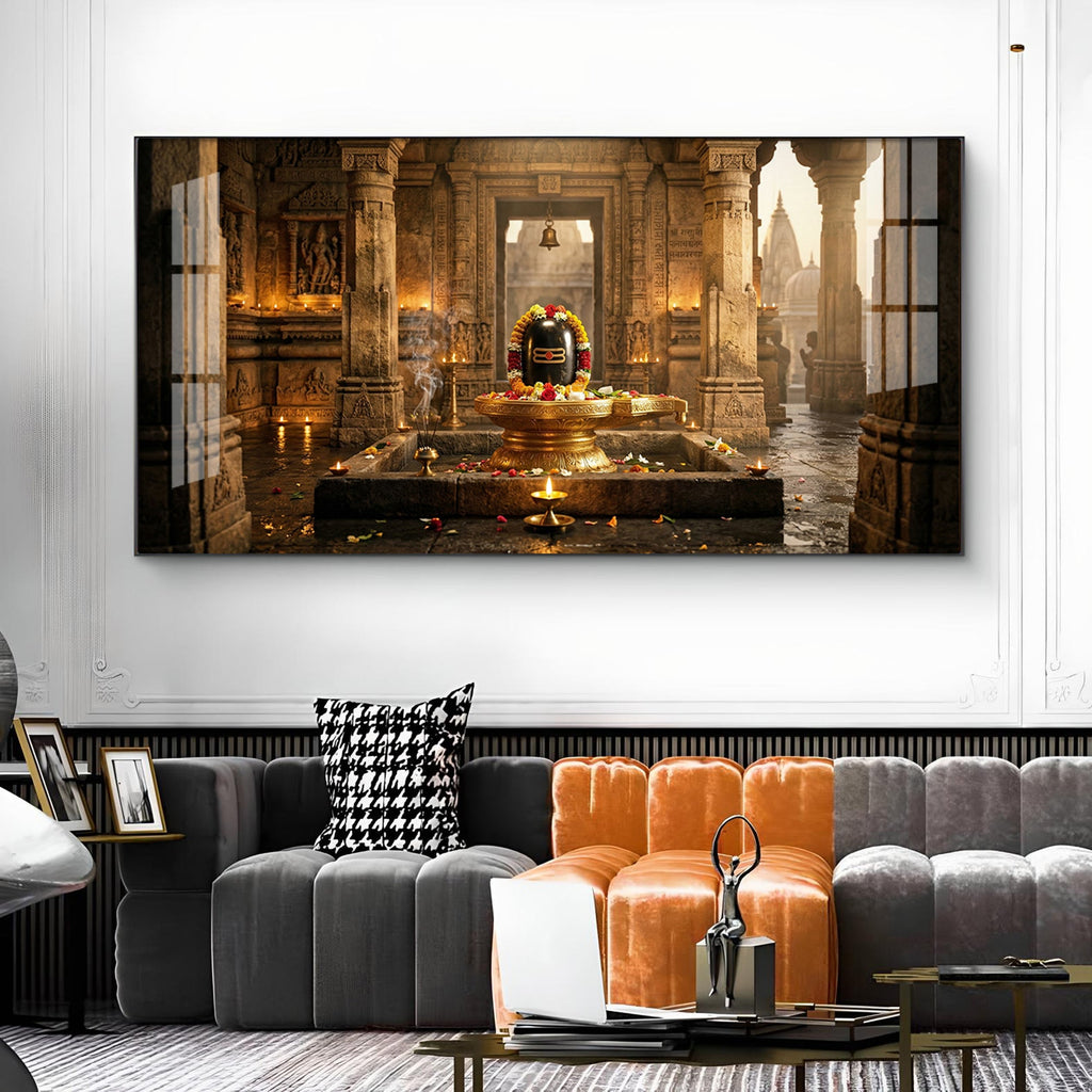 Shivling Temple Mystical Presence Glass Finish Horizontal Wall Art