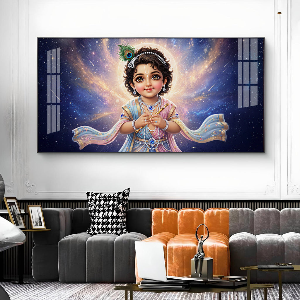 Little Krishna Glass Finish Horizontal Wall Art