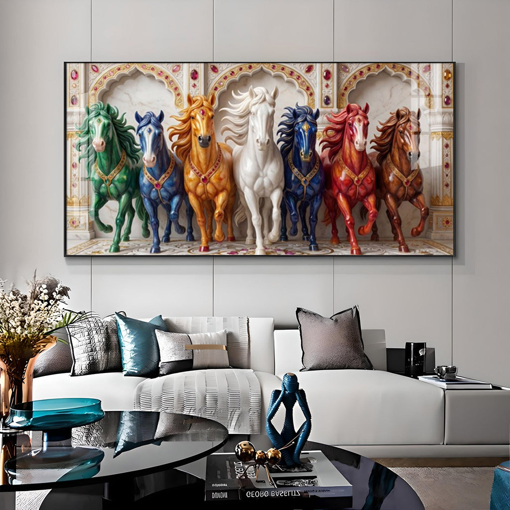 Seven Colorful Horses Vastu Glass Finish Horizontal Wall Art