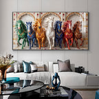 Seven Colorful Horses Vastu Glass Finish Horizontal Wall Art