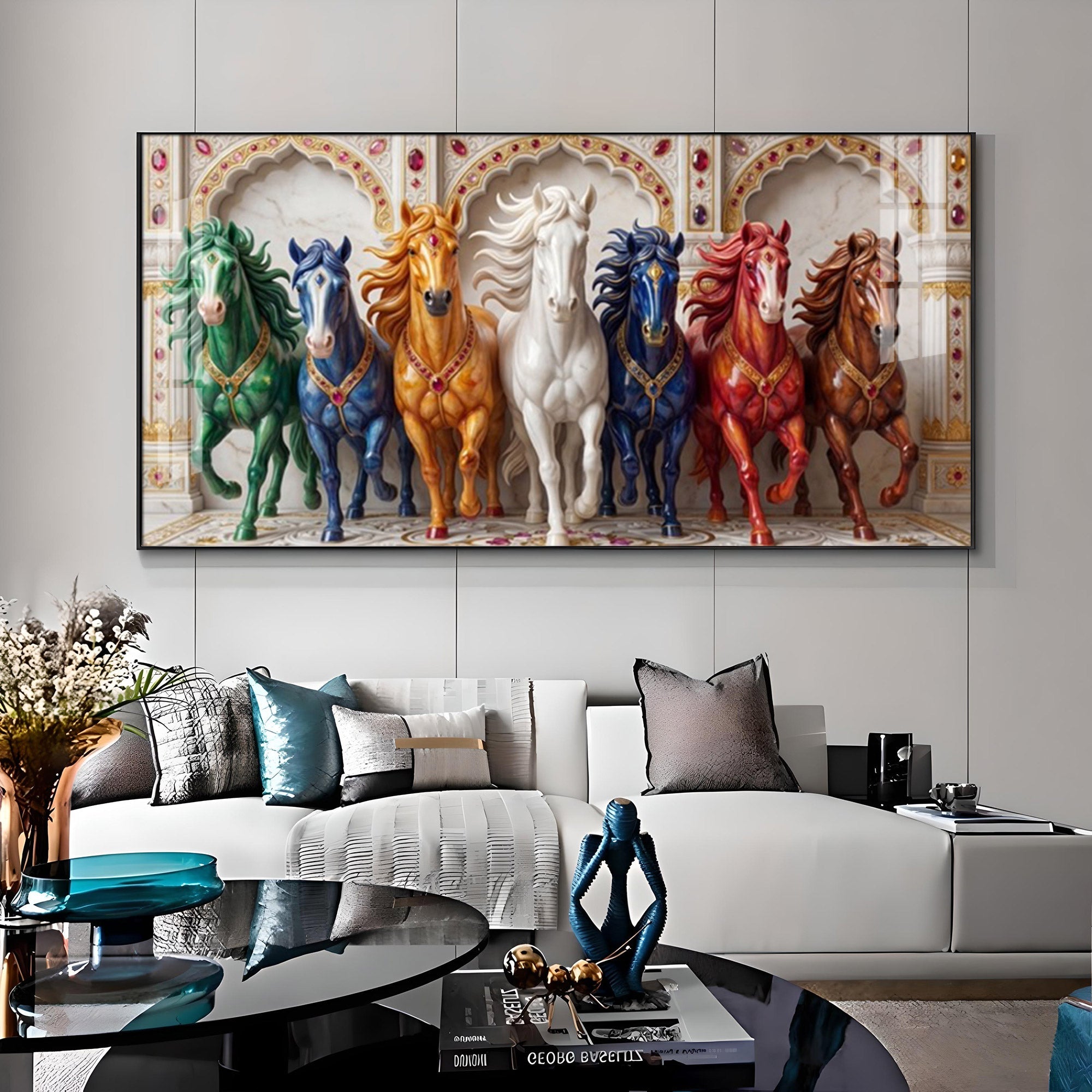 Seven Colorful Horses Vastu Glass Finish Horizontal Wall Art