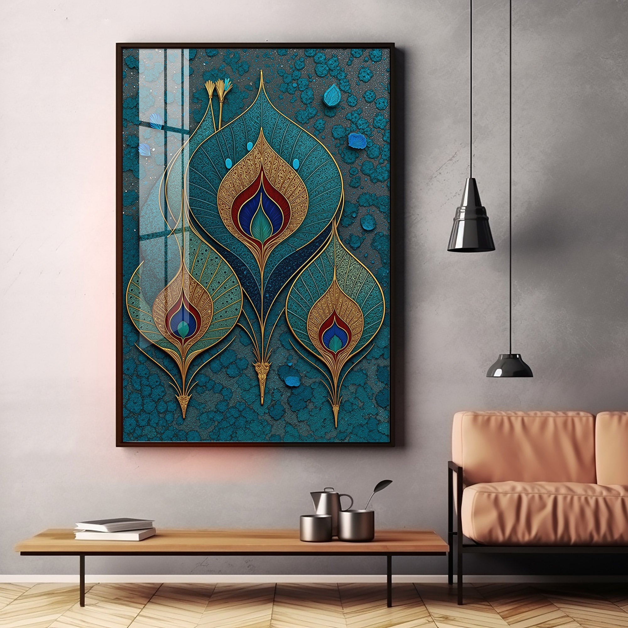 Three Ornate Peacock Feather Premium Acrylic Vertical Wall Art