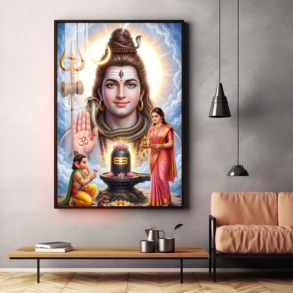 Lord Shiv Parvati ,Ganesha With Shivling Premium Acrylic Vertical Wall Art