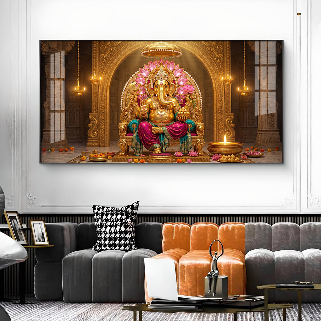 Hindu Lord Ganesha Glass Finish Horizontal Wall Art