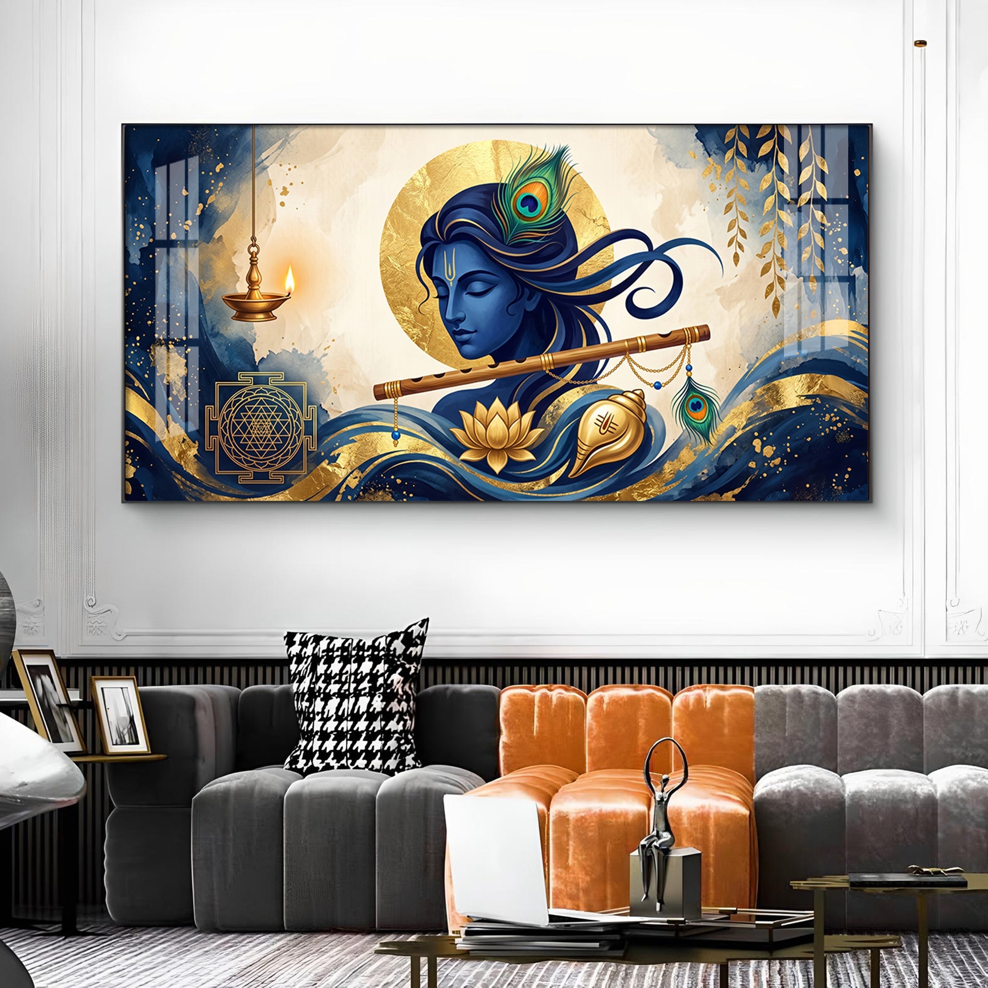 Lord Krishna With Yantra Glass Finish Horizontal Wall Art
