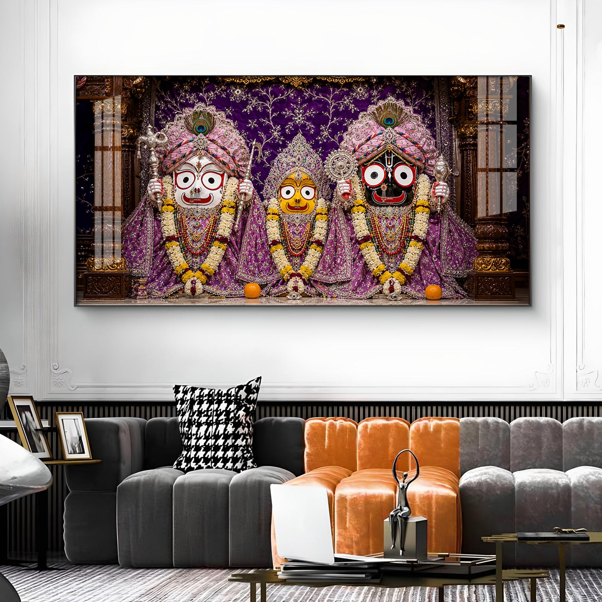 Hindu Deities Lord Jagannath, Subhadra & Balabhadra Glass Finish Horizontal Wall Art