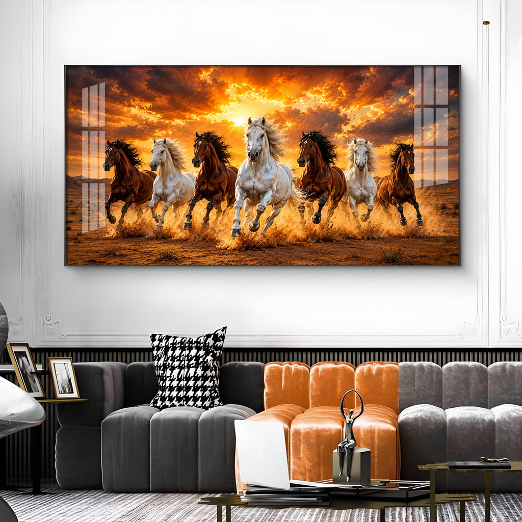 7 Running Horses Glass Finish Horizontal Wall Art