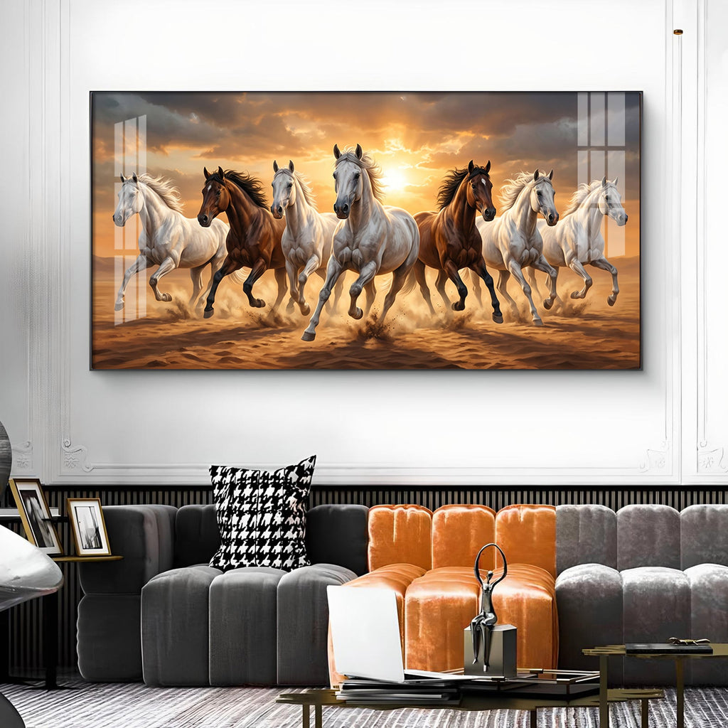 Running Horses In A Golden Sunset Glass Finish Horizontal Wall Art