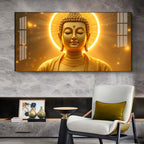 Divine Golden Buddha Glass Finish Horizontal Wall Art