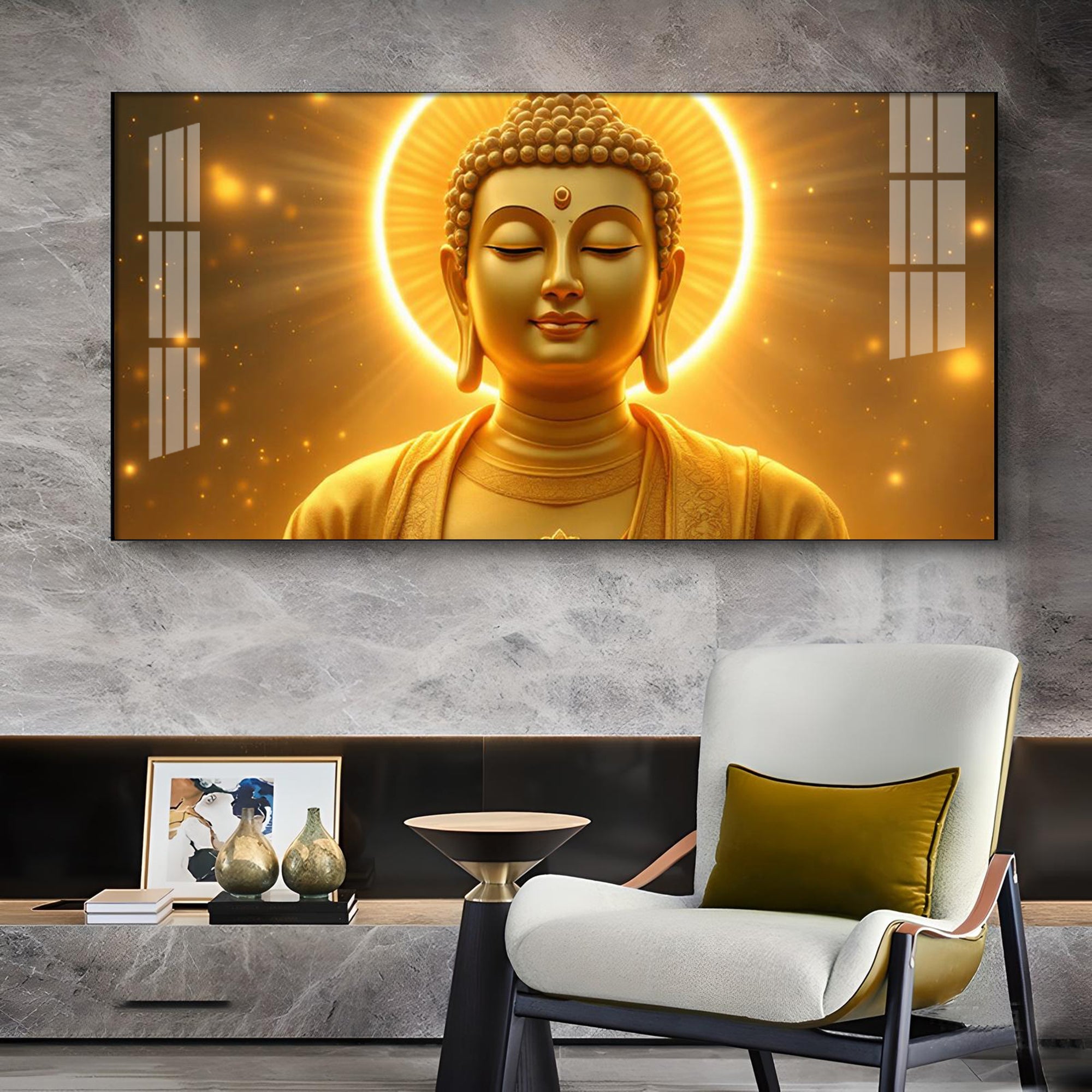 Divine Golden Buddha Glass Finish Horizontal Wall Art