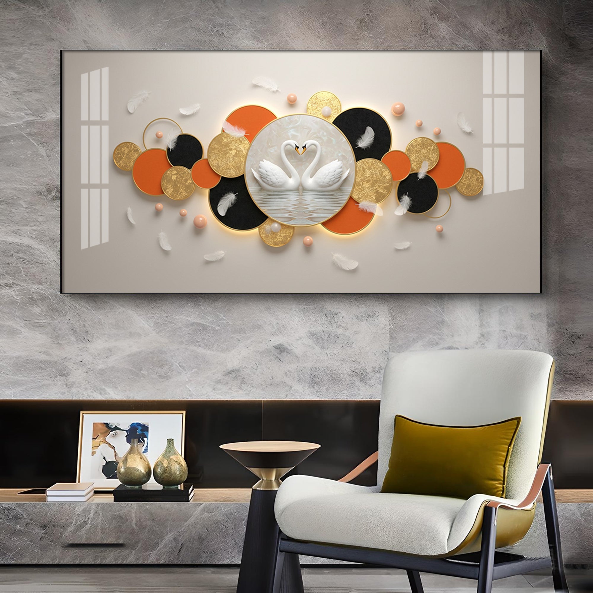 Pair Of White Swan Glass Finish Horizontal Wall Art