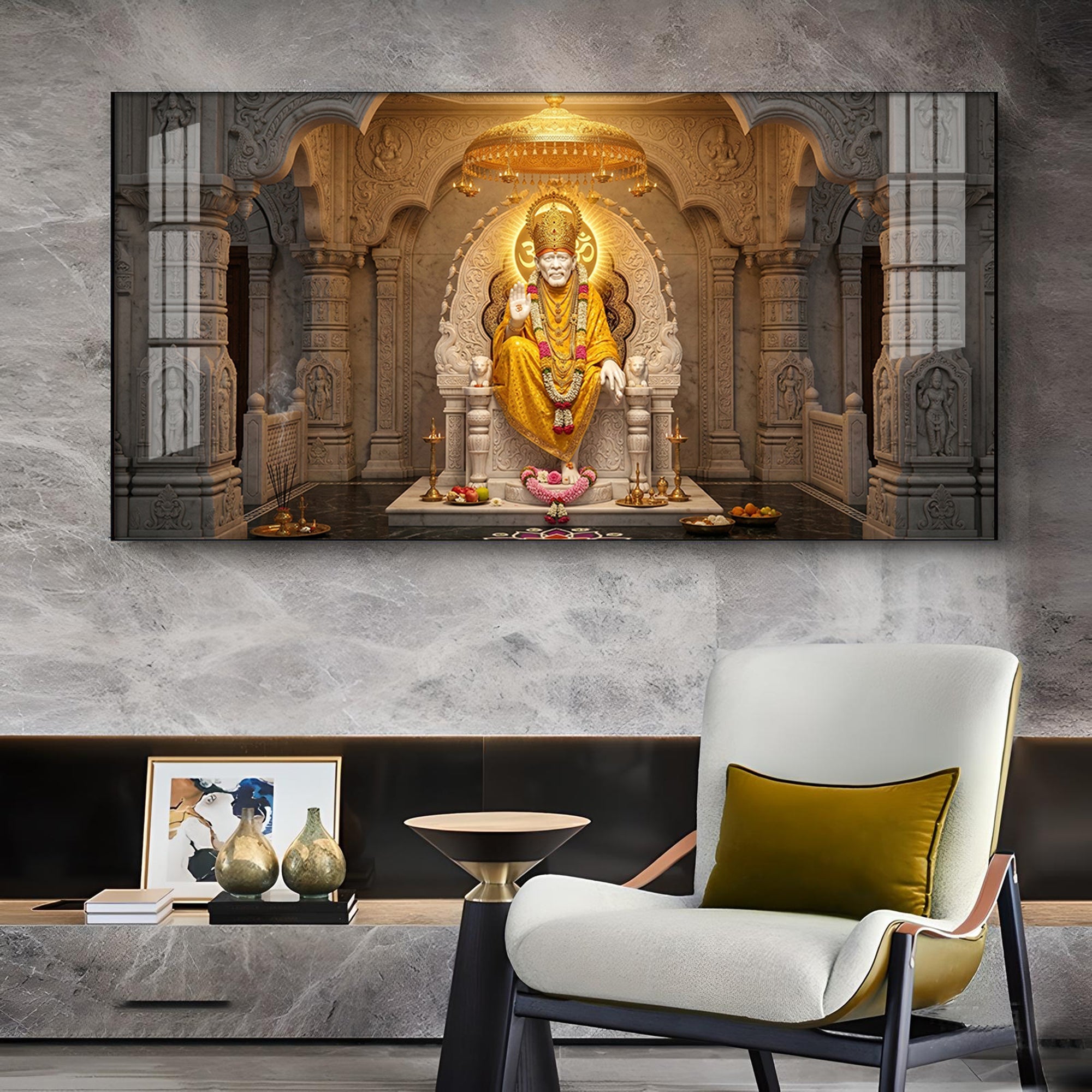 Divine Sai Baba Glass Finish Horizontal Wall Art