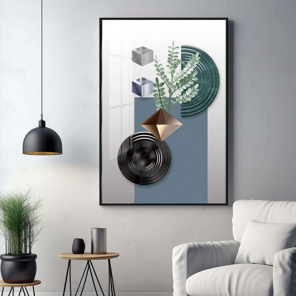 Geometric Art With Leafs Premium Acrylic Vertical Wall Art