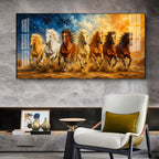 Seven Running Horses Glass Finish Horizontal Wall Art