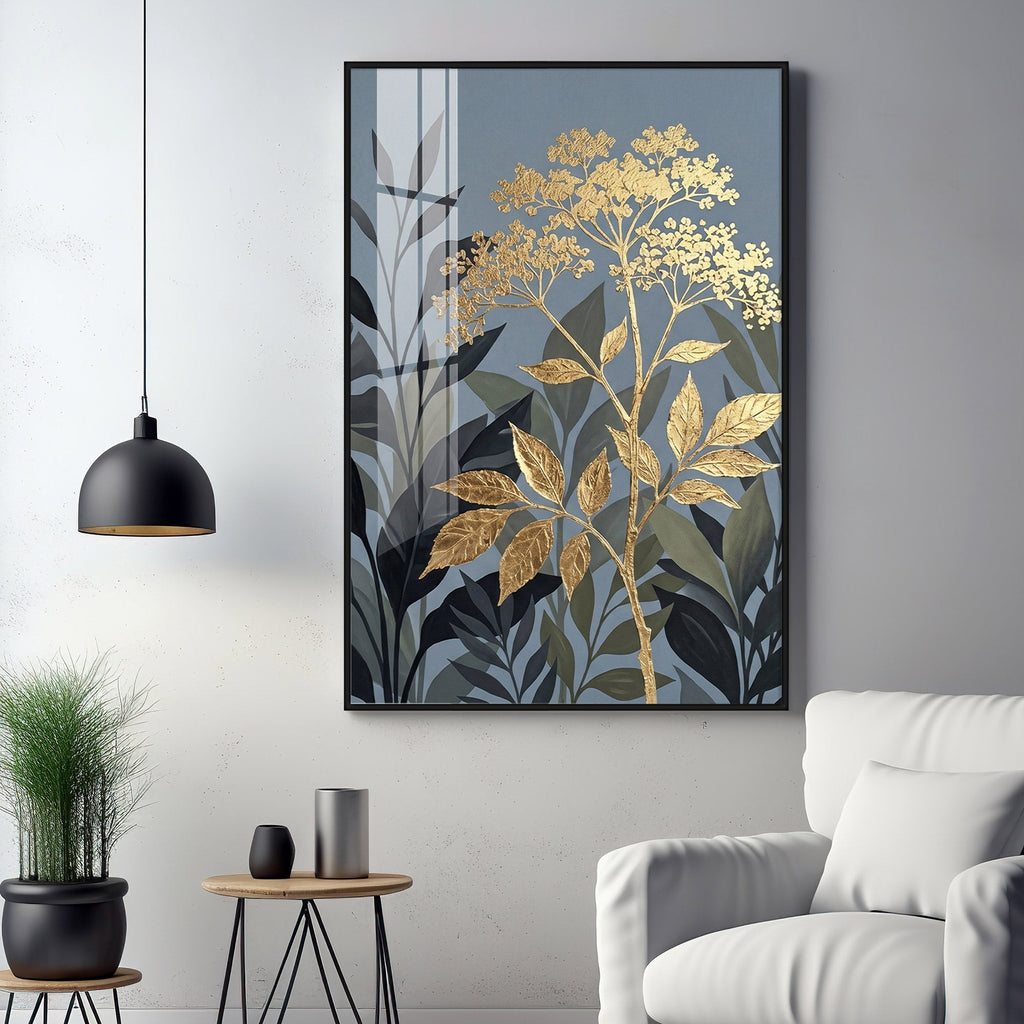 Republic Midnight Blue Botanical Leaves Premium Acrylic Vertical Wall Art