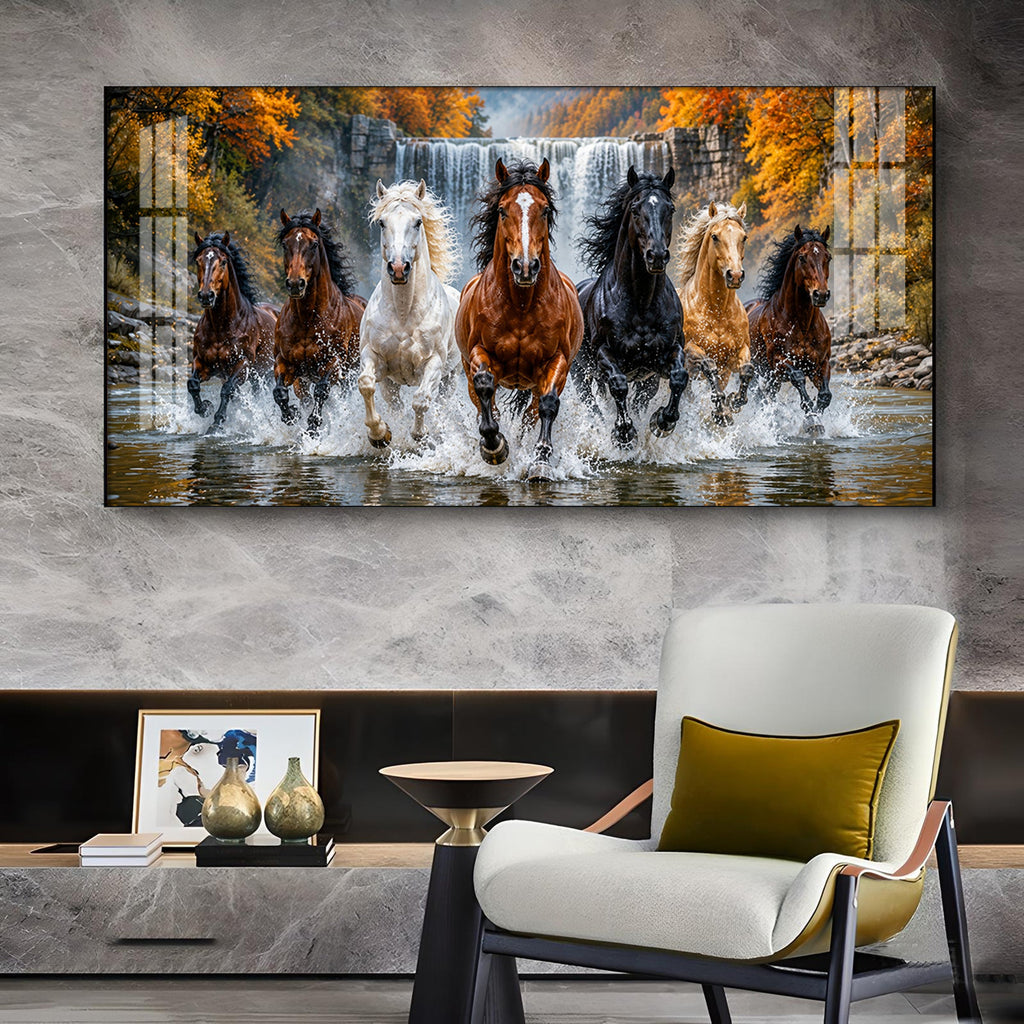 Seven-Horse Running Glass Finish Horizontal Wall Art