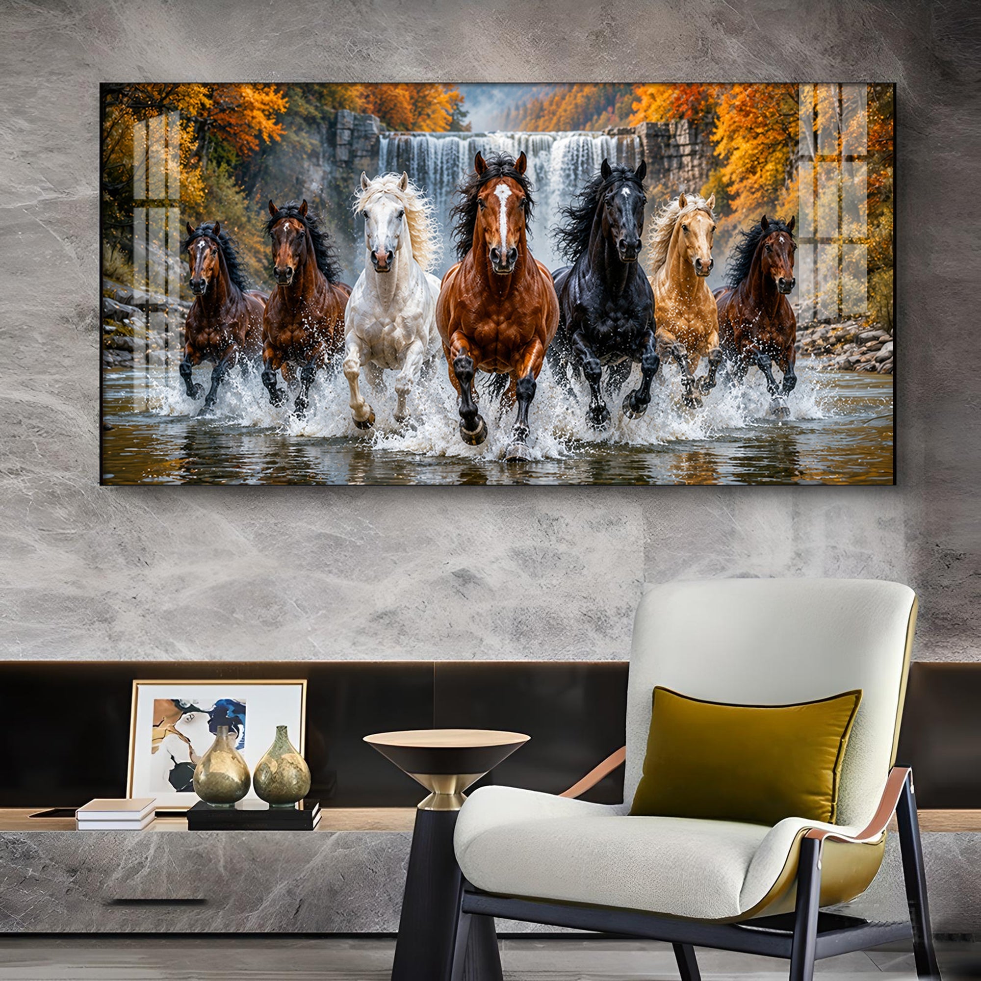 Seven-Horse Running Glass Finish Horizontal Wall Art