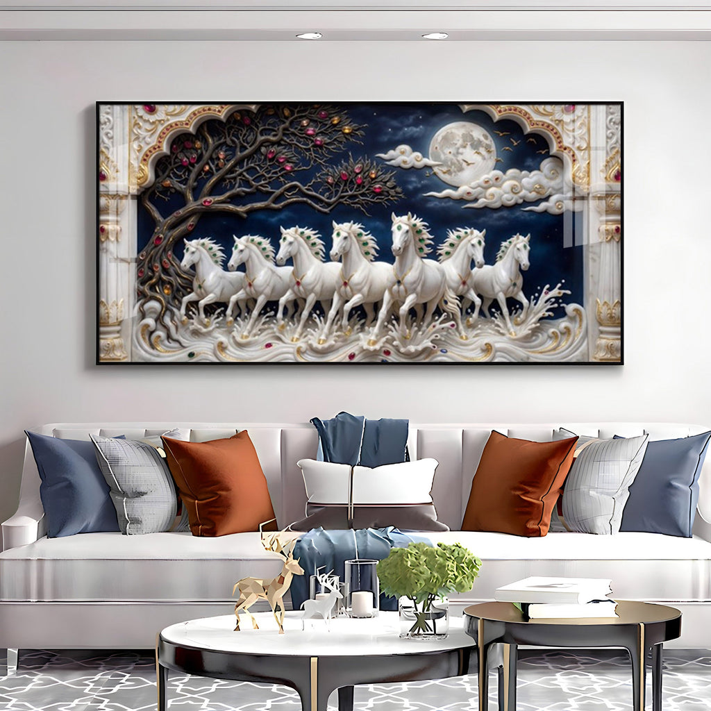 Beautiful Seven White Horses Vastu Glass Finish Horizontal Wall Art