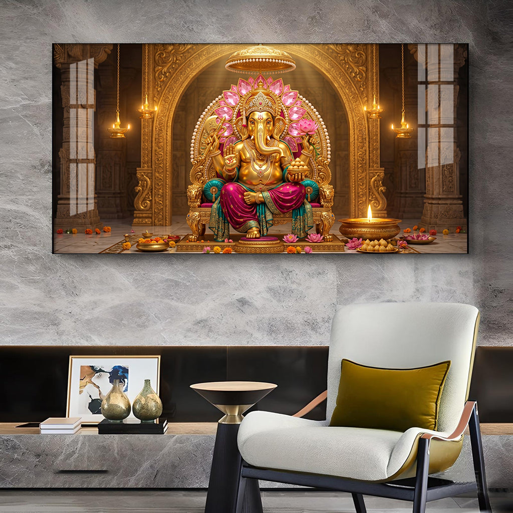 Hindu Lord Ganesha Glass Finish Horizontal Wall Art