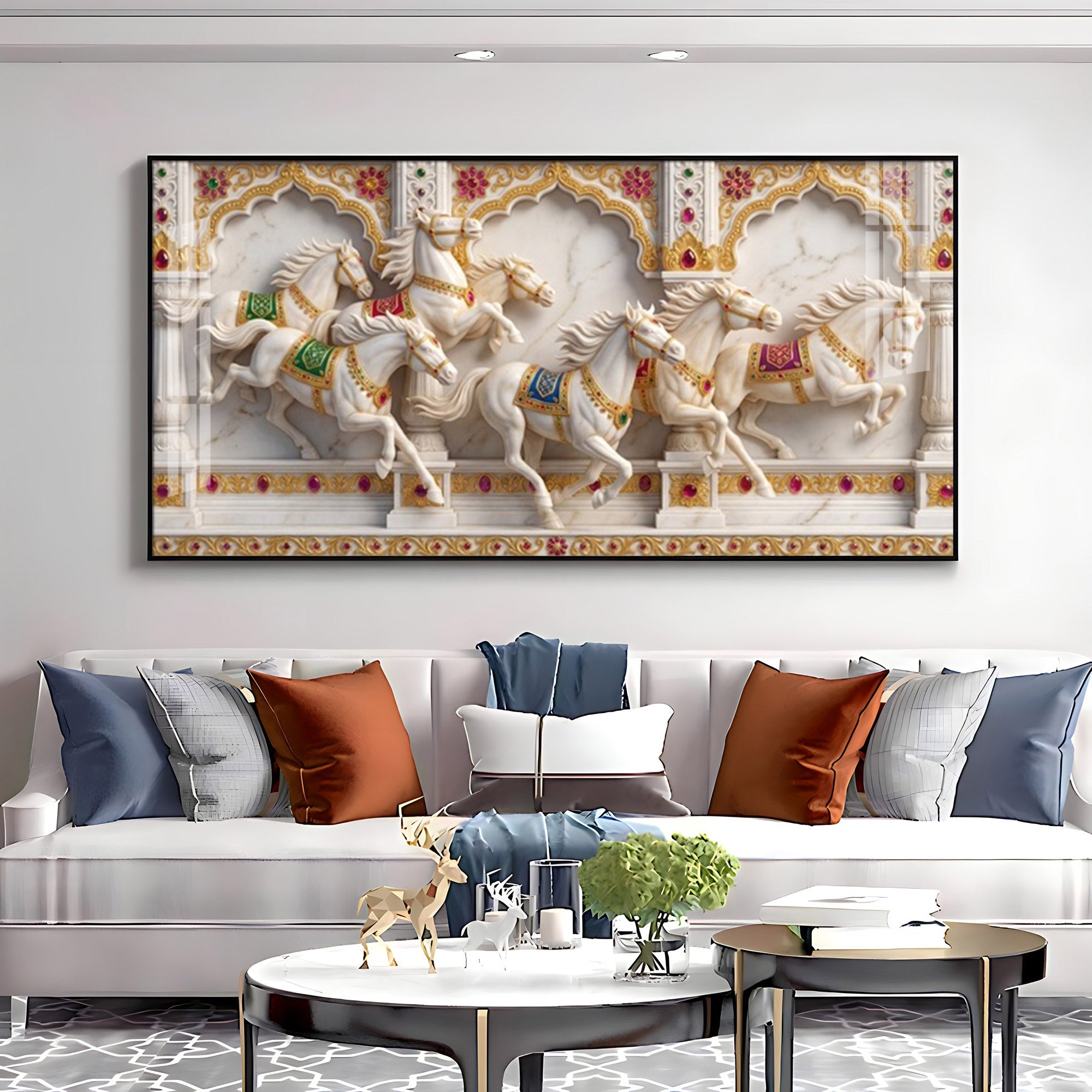 Seven White Horses Vastu Glass Finish Horizontal Wall Art