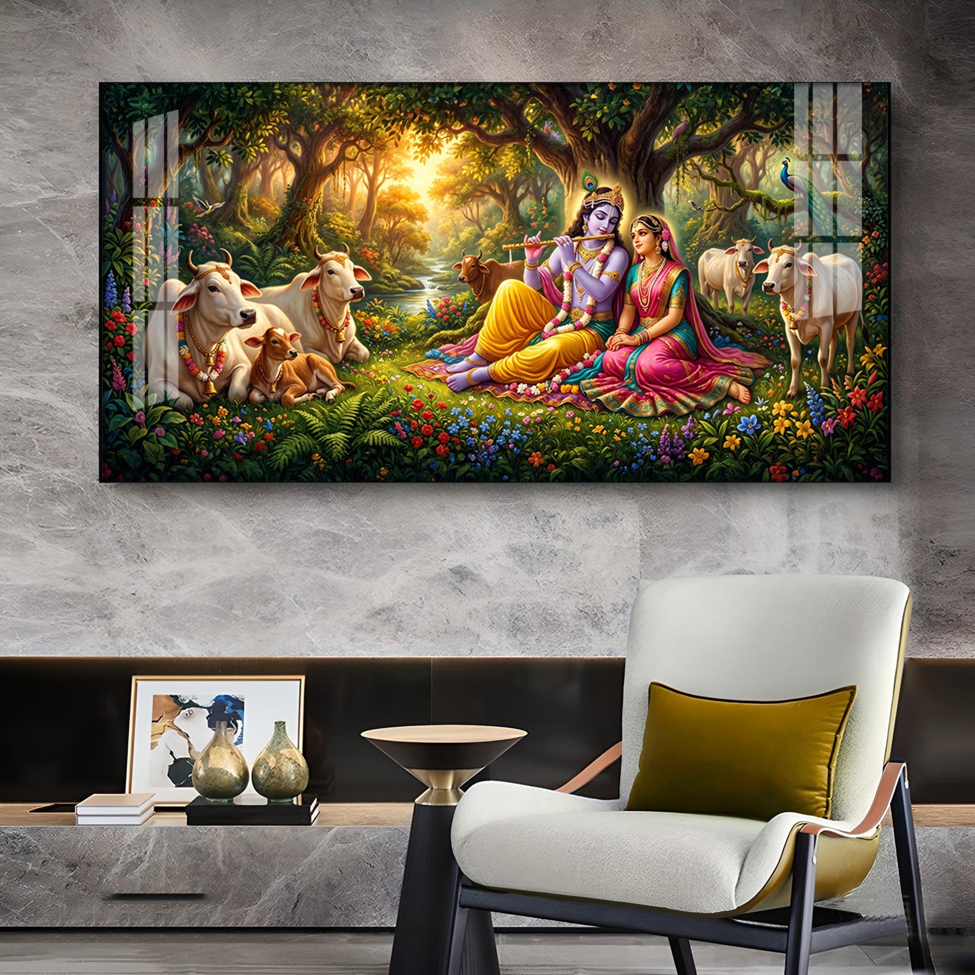 Radha and Krishna In Serene Forest Glass Finish Horizontal Wall Art