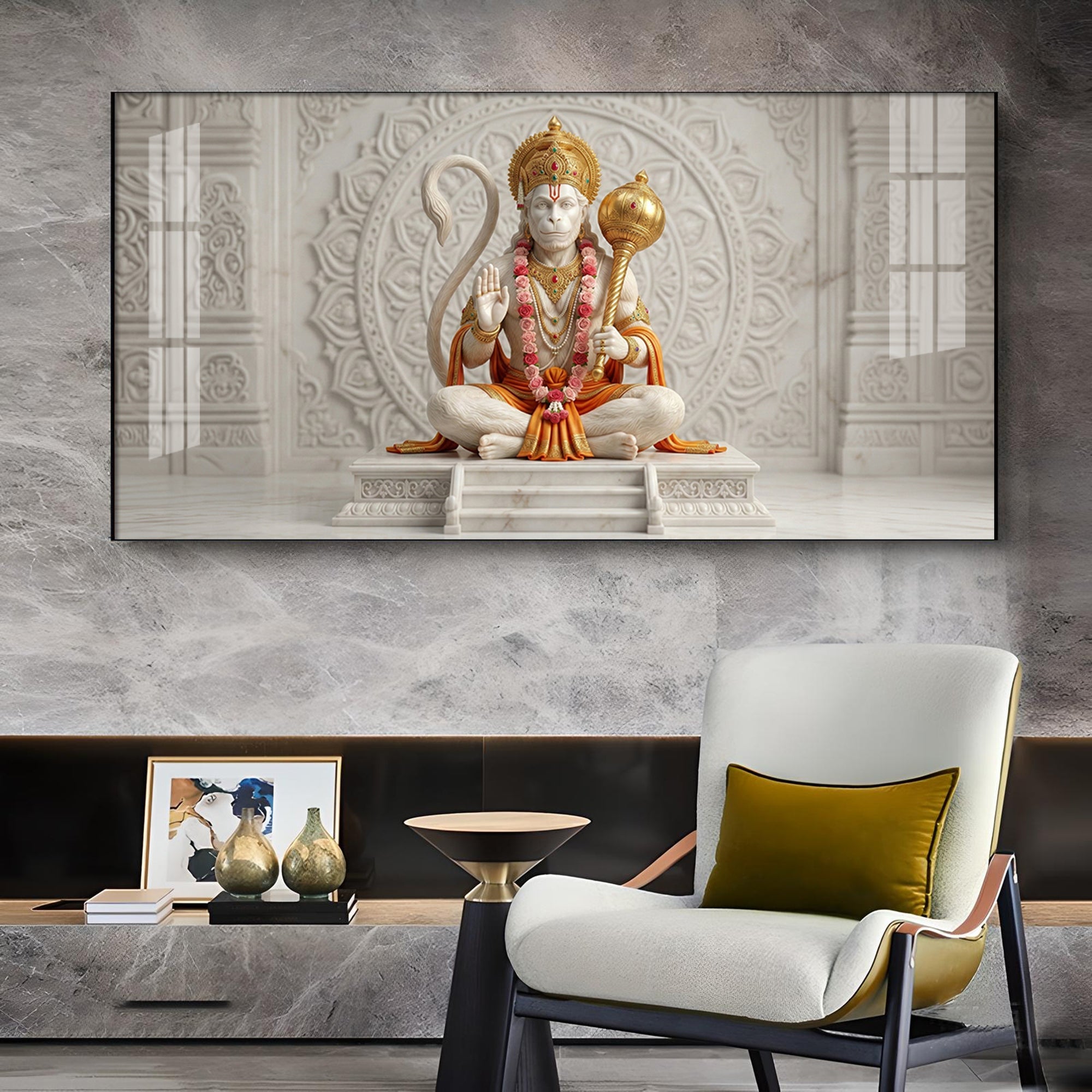 Lord Hanuman Glass Finish Horizontal Wall Art