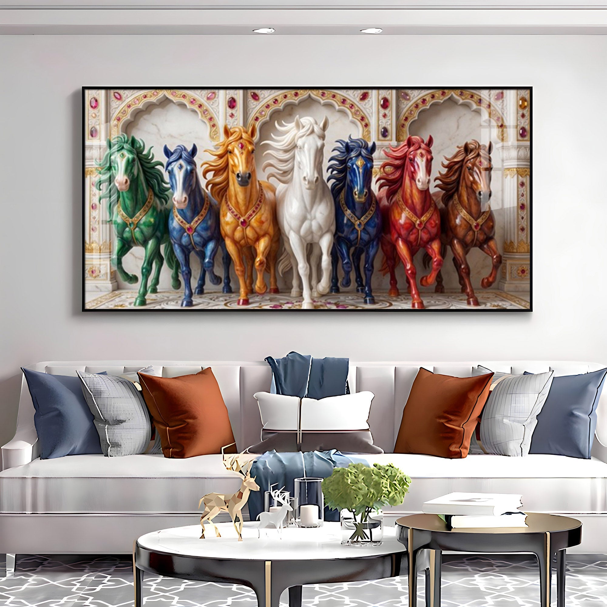 Seven Colorful Horses Vastu Glass Finish Horizontal Wall Art