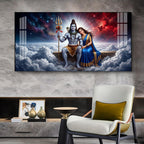 Depicts Lord Shiva & Goddess Parvati Glass Finish Horizontal Wall Art