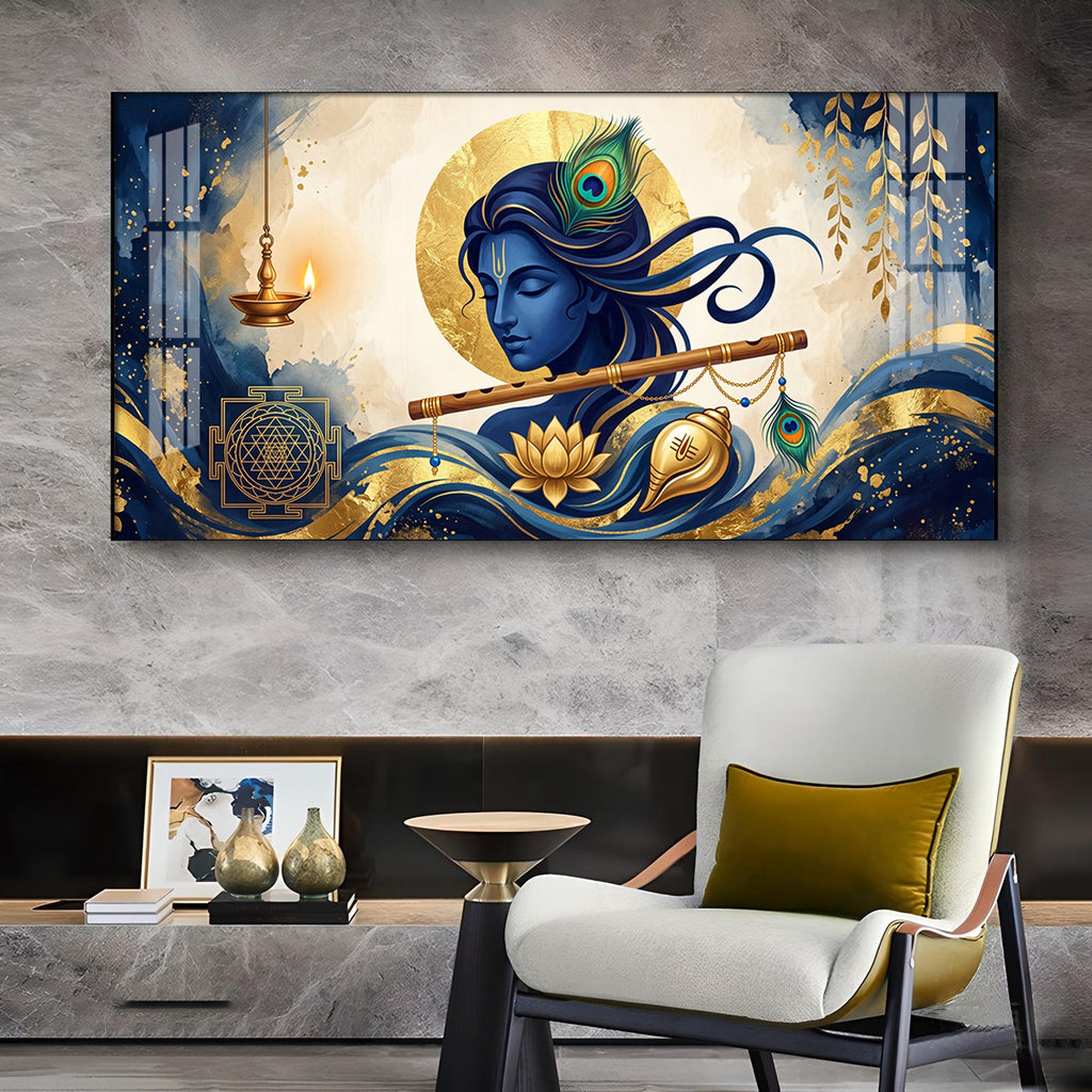 Lord Krishna With Yantra Glass Finish Horizontal Wall Art