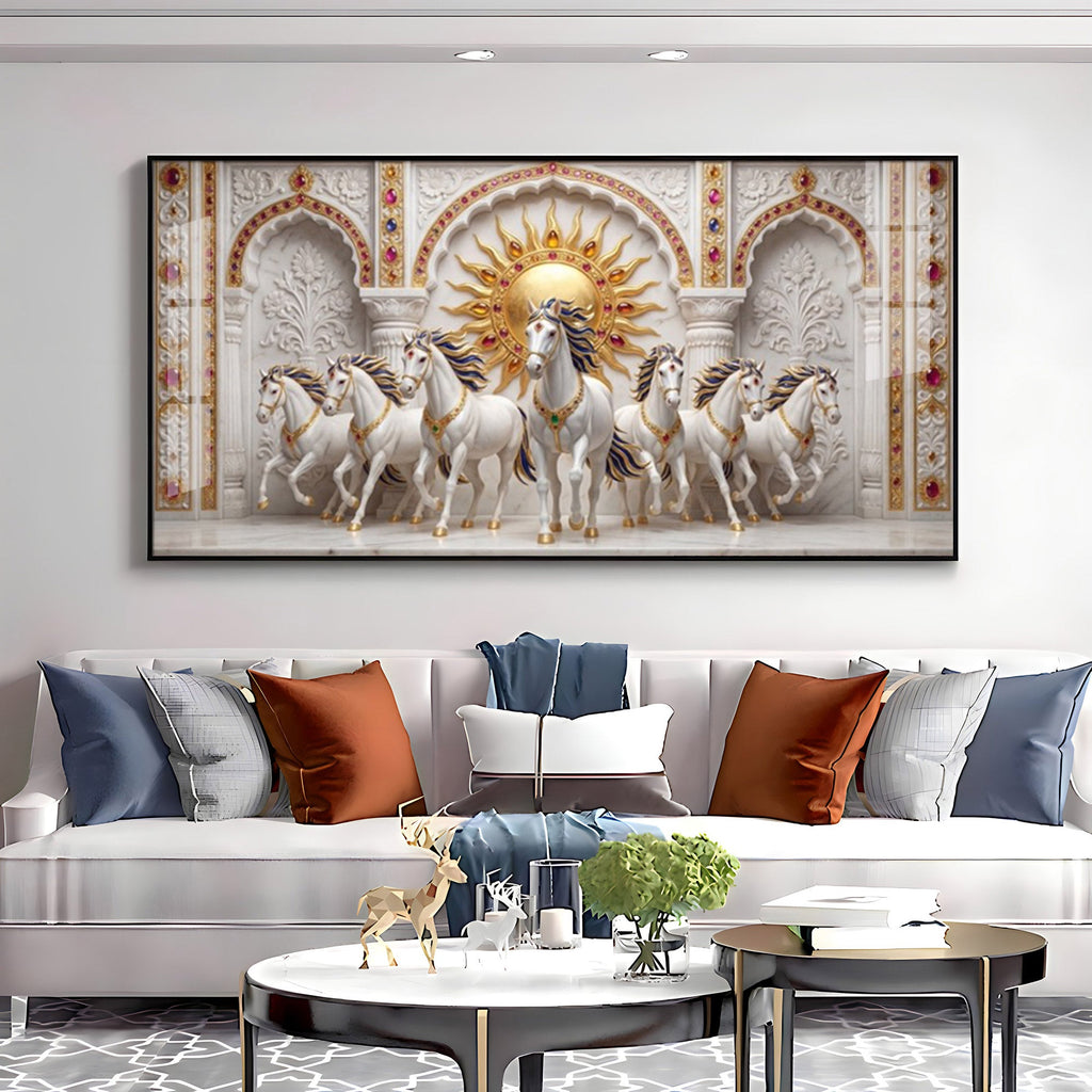 Beautiful White Running Horses Vastu Glass Finish Horizontal Wall Art