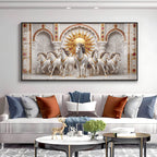 Beautiful White Running Horses Vastu Glass Finish Horizontal Wall Art