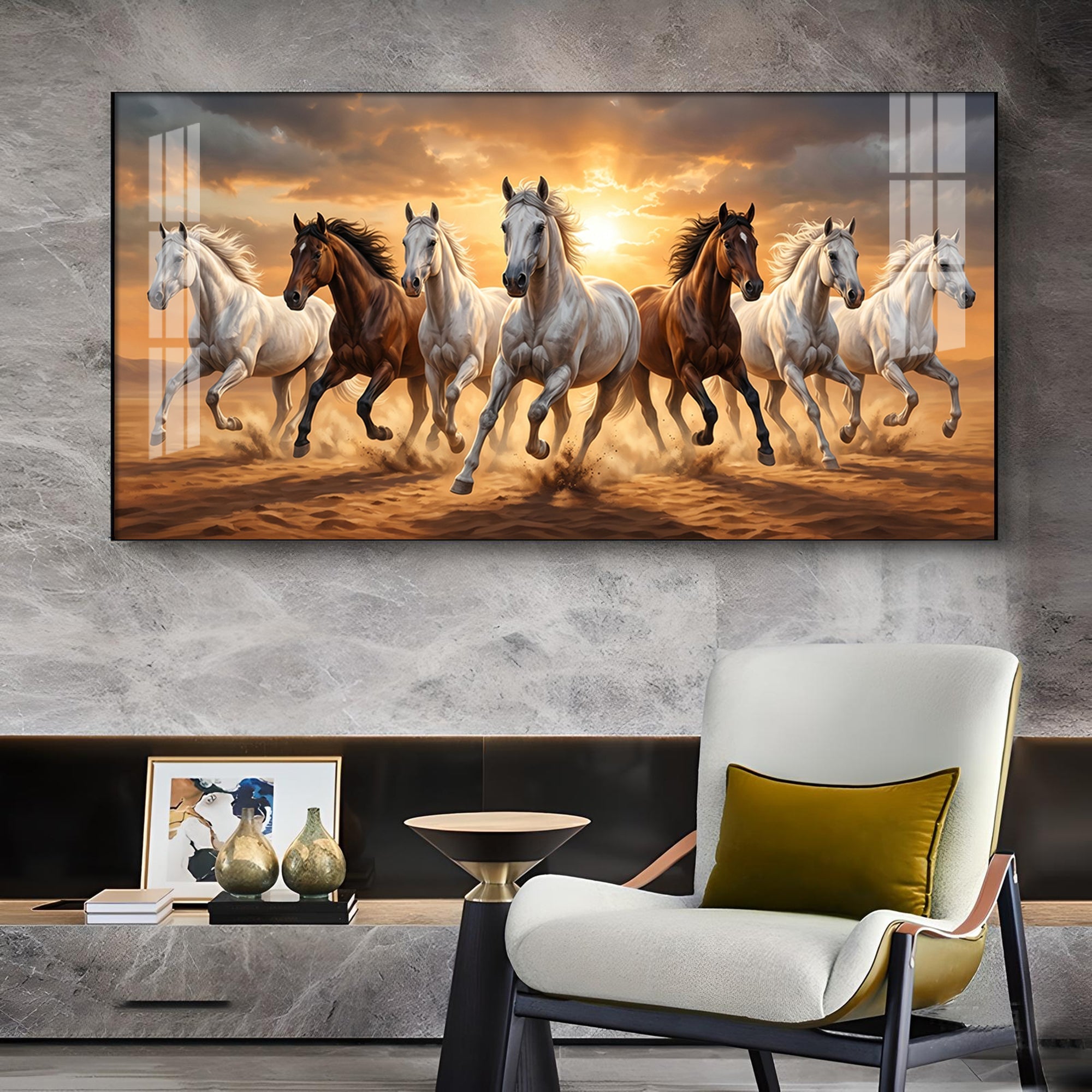 Running Horses In A Golden Sunset Glass Finish Horizontal Wall Art