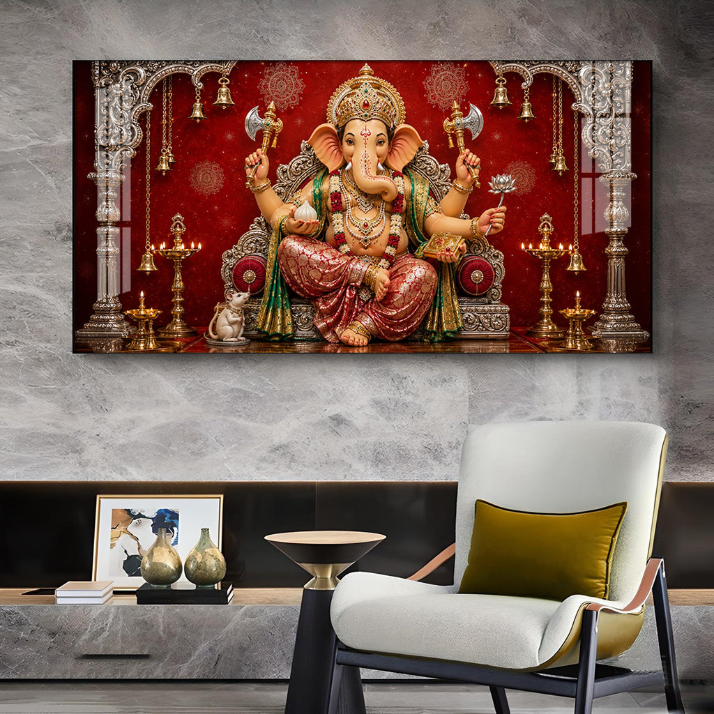 Hindu Devotional Ganpati Bappa Glass Finish Horizontal Wall Art