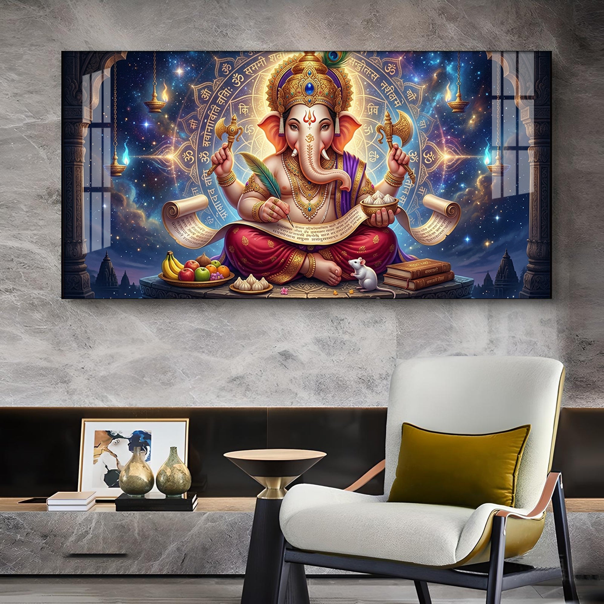 Lord Ganesha Glass Finish Horizontal Wall Art