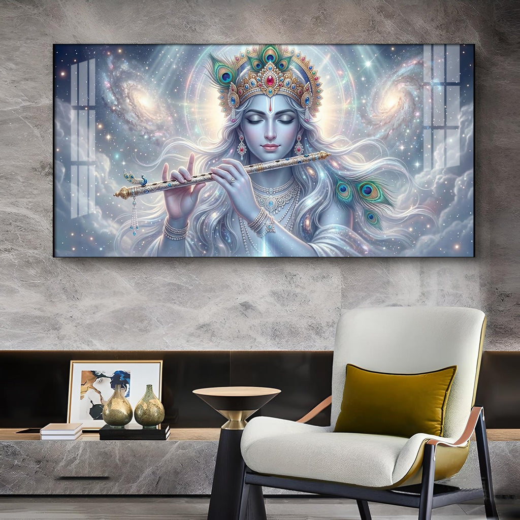 Lord Krishna Eternal Devotion Glass Finish Horizontal Wall Art