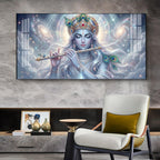 Lord Krishna Eternal Devotion Glass Finish Horizontal Wall Art