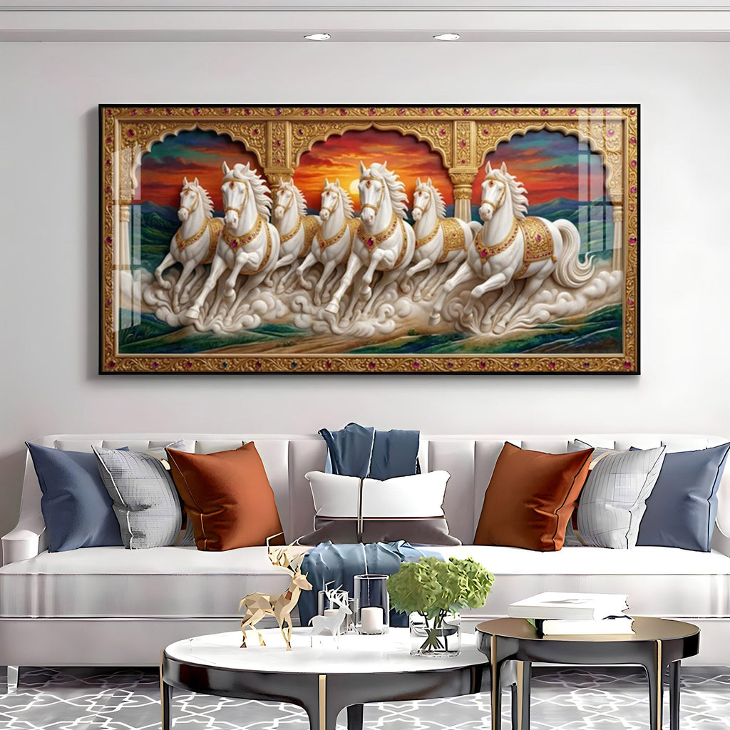 White Running Horses Vastu Glass Finish Horizontal Wall Art