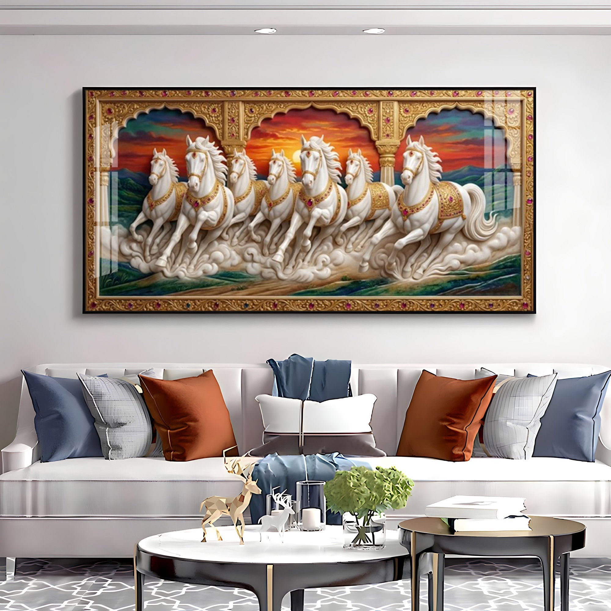 White Running Horses Vastu Glass Finish Horizontal Wall Art