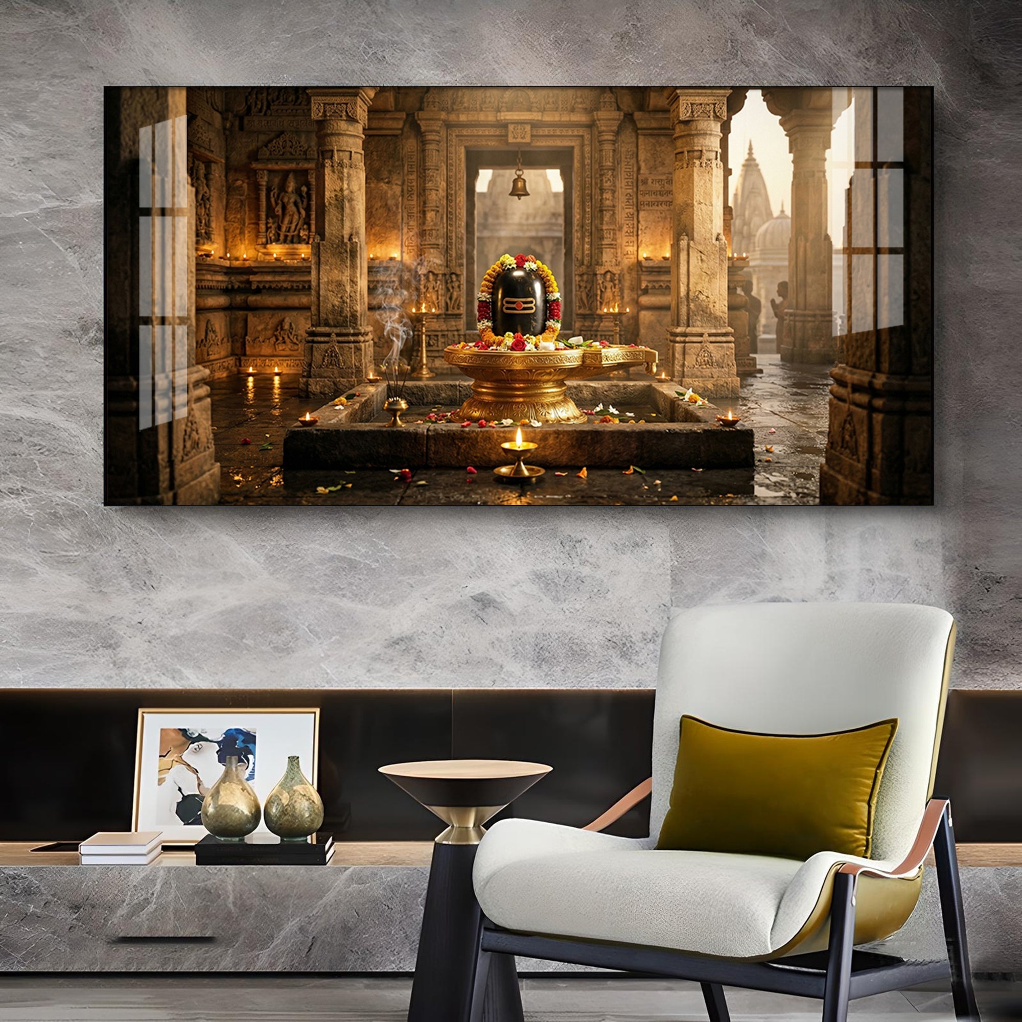 Shivling Temple Mystical Presence Glass Finish Horizontal Wall Art