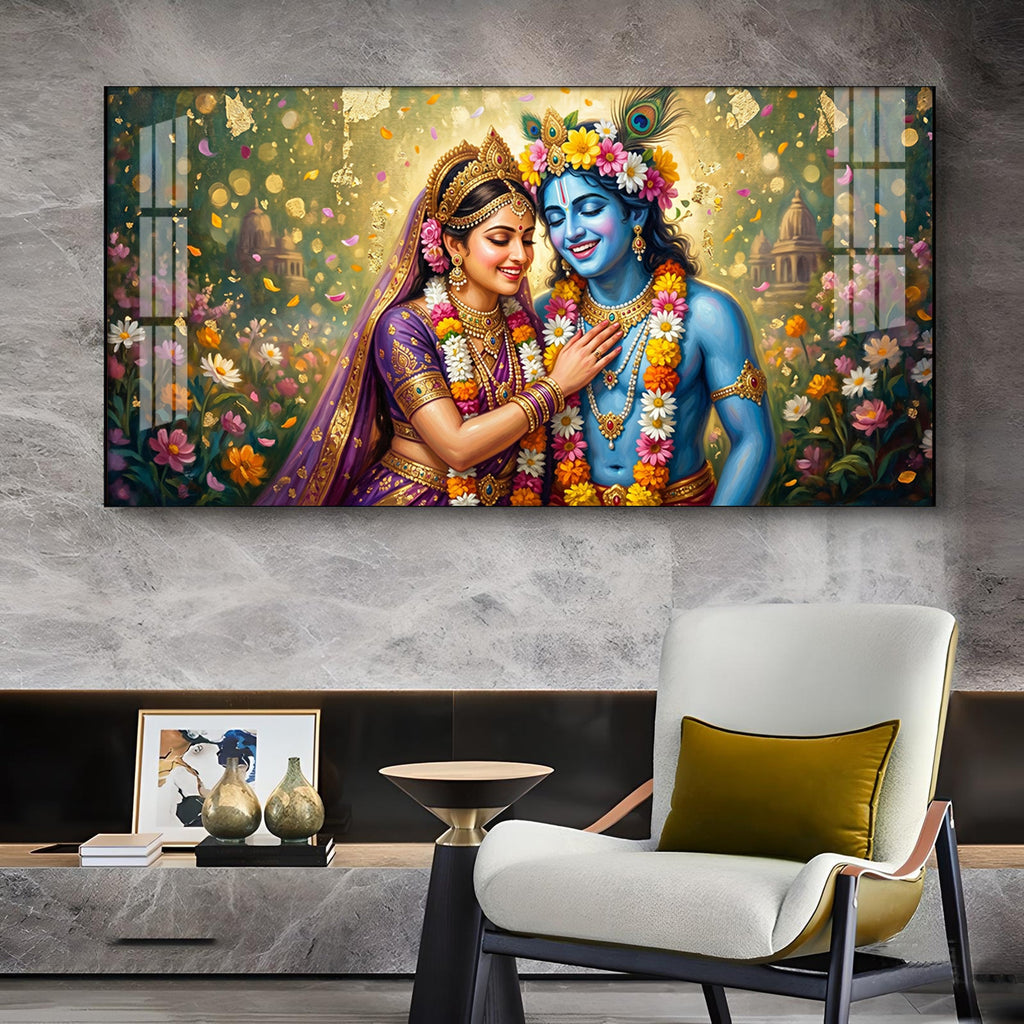 Radha Krishna Eternal Love & Devotion Glass Finish Horizontal Wall Art
