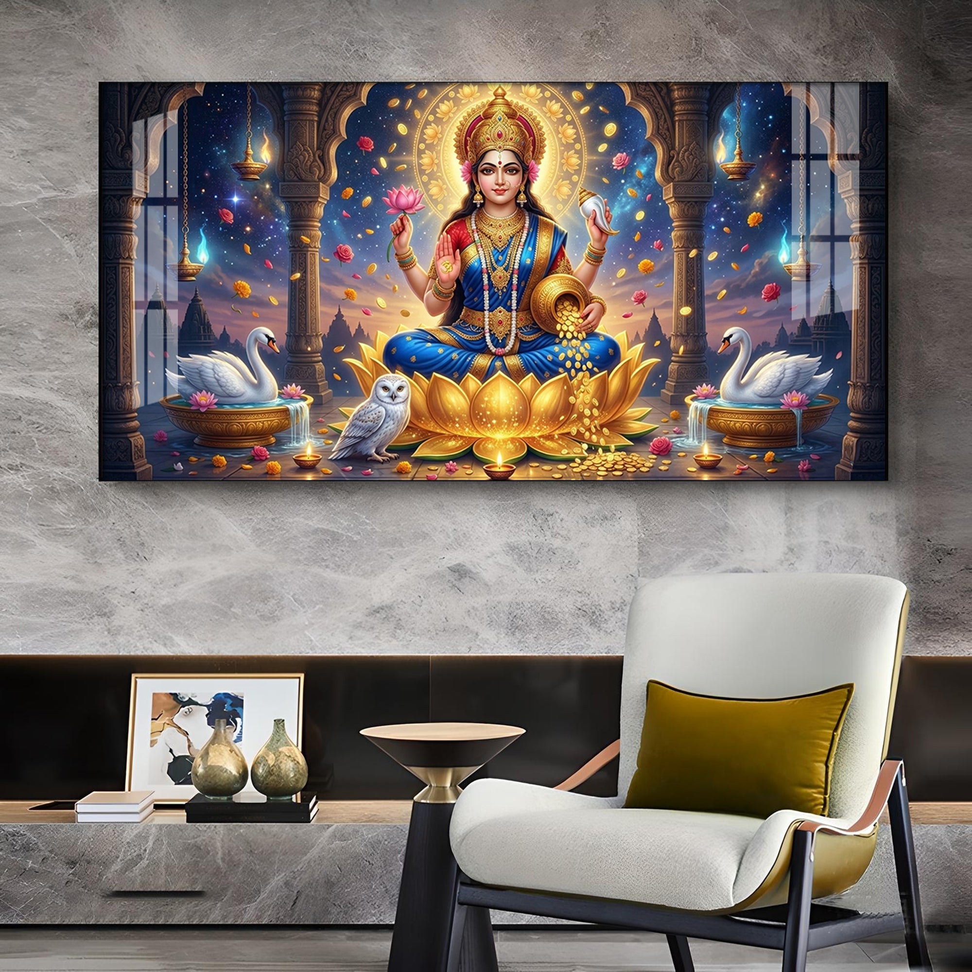 Maa Laxmi Glass Finish Horizontal Wall Art