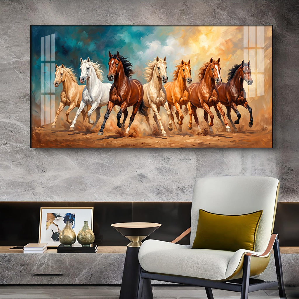 Running Horses Brown & White Glass Finish Horizontal Wall Art