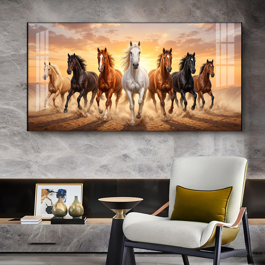 Seven Running Horse Vastu Glass Finish Horizontal Wall Art