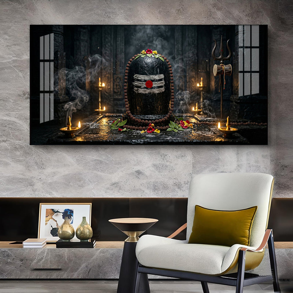 Mahadev Shivling Divine Aura Glass Finish Horizontal Wall Art
